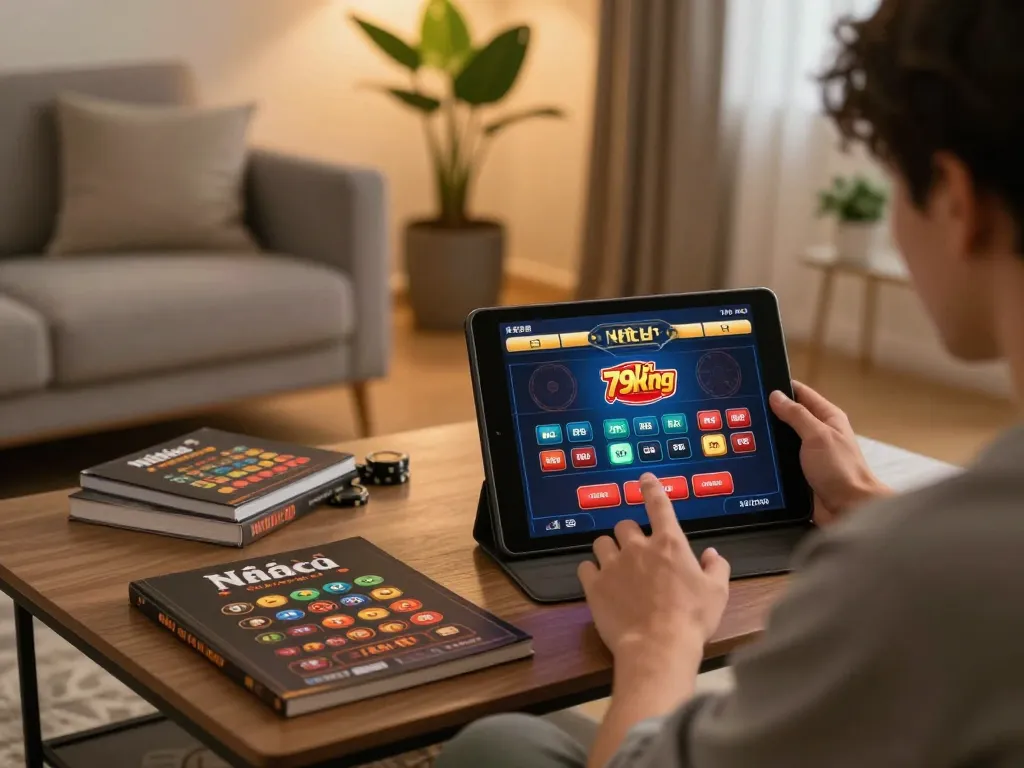 Engaging with Nhà cái 79king on a tablet in a cozy home gaming setup.