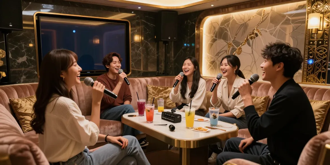 강남가라오케에서 즐기는 고급 프라이빗 노래방 룸, 친구들이 웃고 노래하고 있는 모습과 함께 풍부한 음향 시스템이 조화를 이루는 분위기