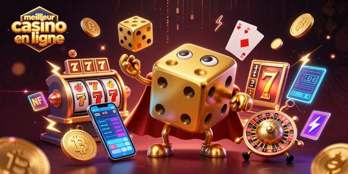 Visualisez le meilleur casino en ligne avec un golem de dés dorés, des symboles de jackpot et de nombreuses pièces crypto dans une scène dynamique.