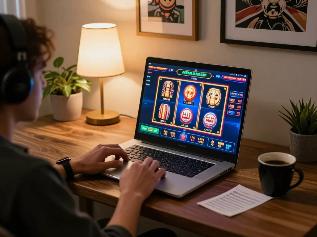Player enjoying slot deposit 2rb online gaming on laptop with vibrant graphics.