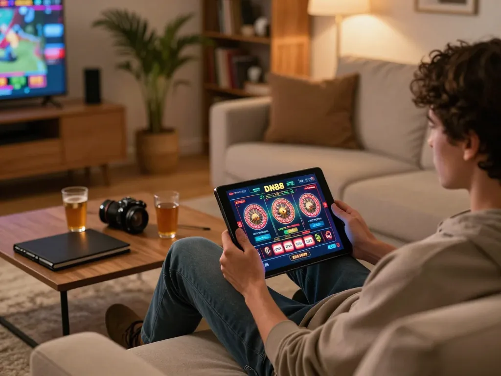 Player enjoying DN88 online casino on a tablet in a cozy home environment with drinks