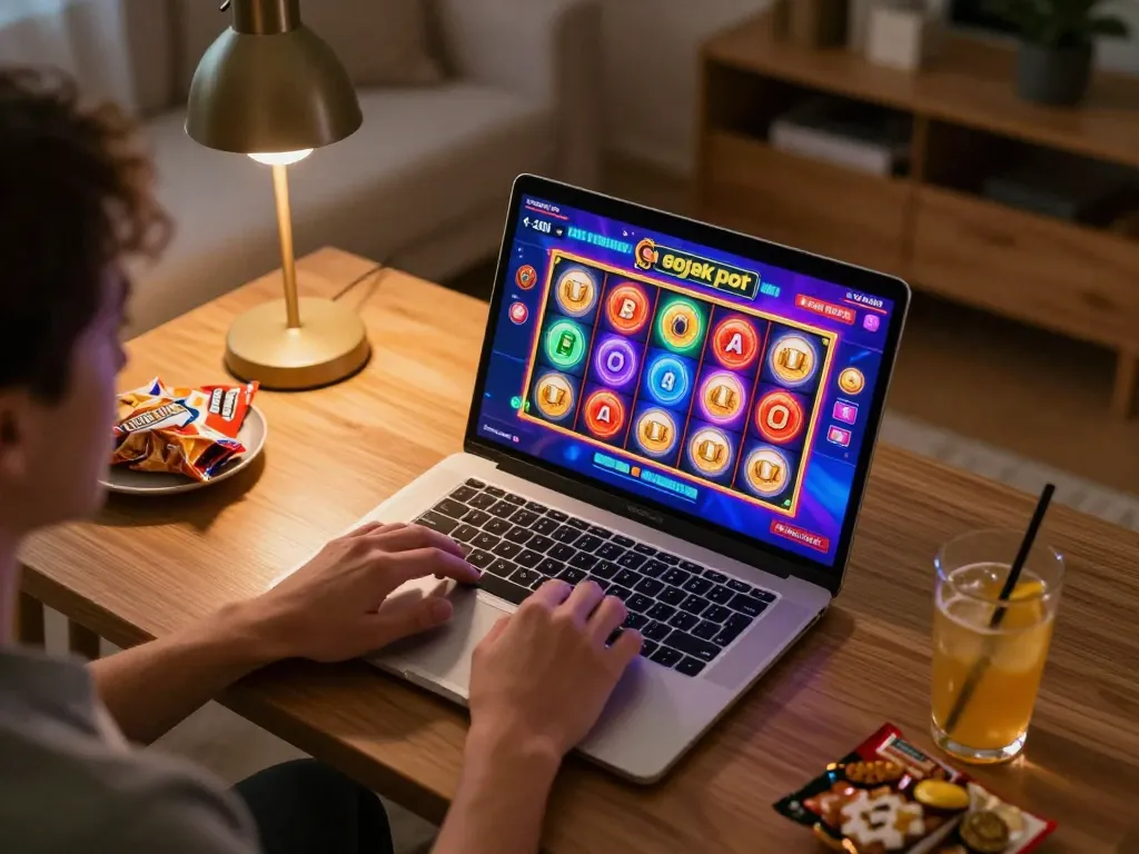 Engaged player winning on gojekpot slot machine in a cozy home gaming setup.
