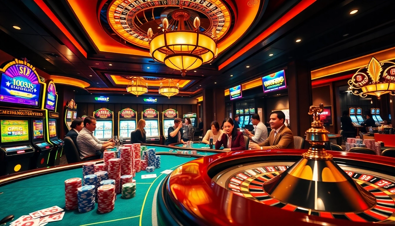 Experience the excitement of MM888 casino with vibrant tables, spinning roulette, and engaging players.