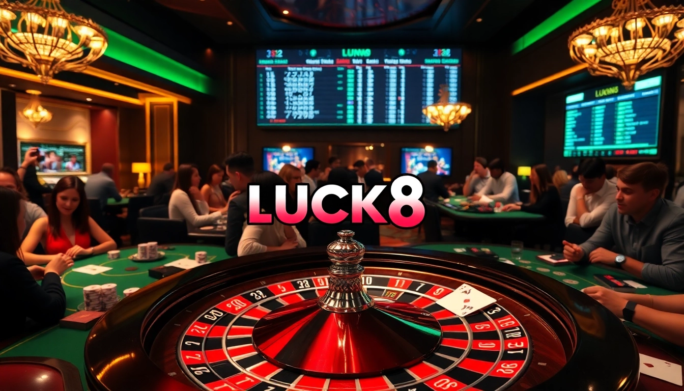 LUCK8 casino scene with players enjoying poker, roulette, and exciting betting activities.