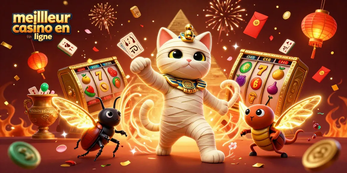 Venez découvrir le meilleur casino en ligne avec un chat momie égyptien et un scarabée, entourés de décorations festives.