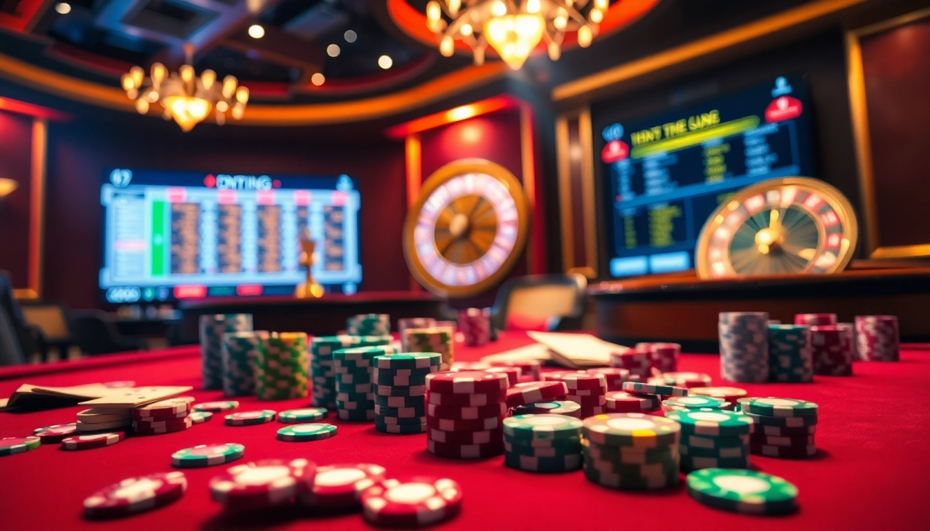 Exciting gaming scene featuring jeetbuzz bangladesh with vibrant poker chips and roulette wheel.
