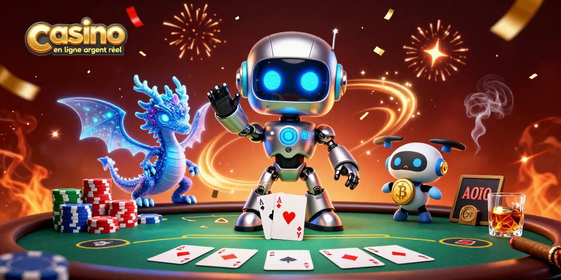 Jouer au casino en ligne argent réel avec un robot cyberpunk et une dragon holographique.