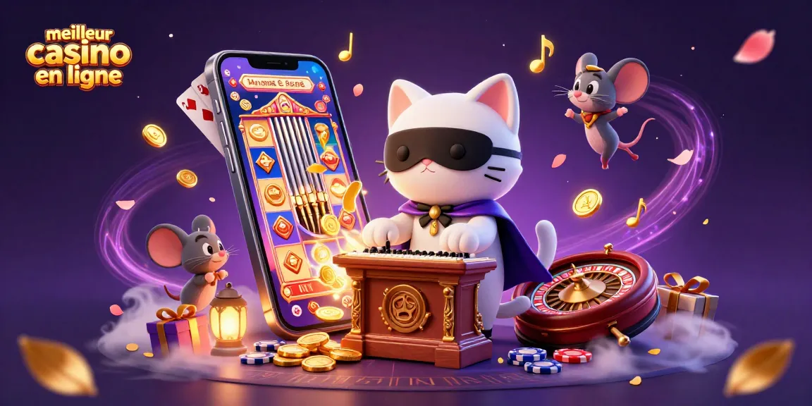 Illustration d'un meilleur casino en ligne avec un chat fantôme de l'opéra et des acrobaties de souris.