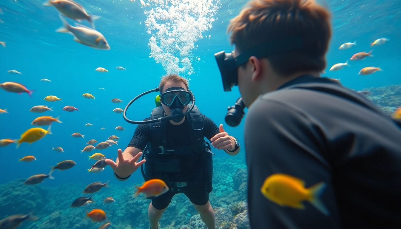 Tauchschule mit einem professionellen Tauchlehrer, der Techniken unter Wasser zeigt.