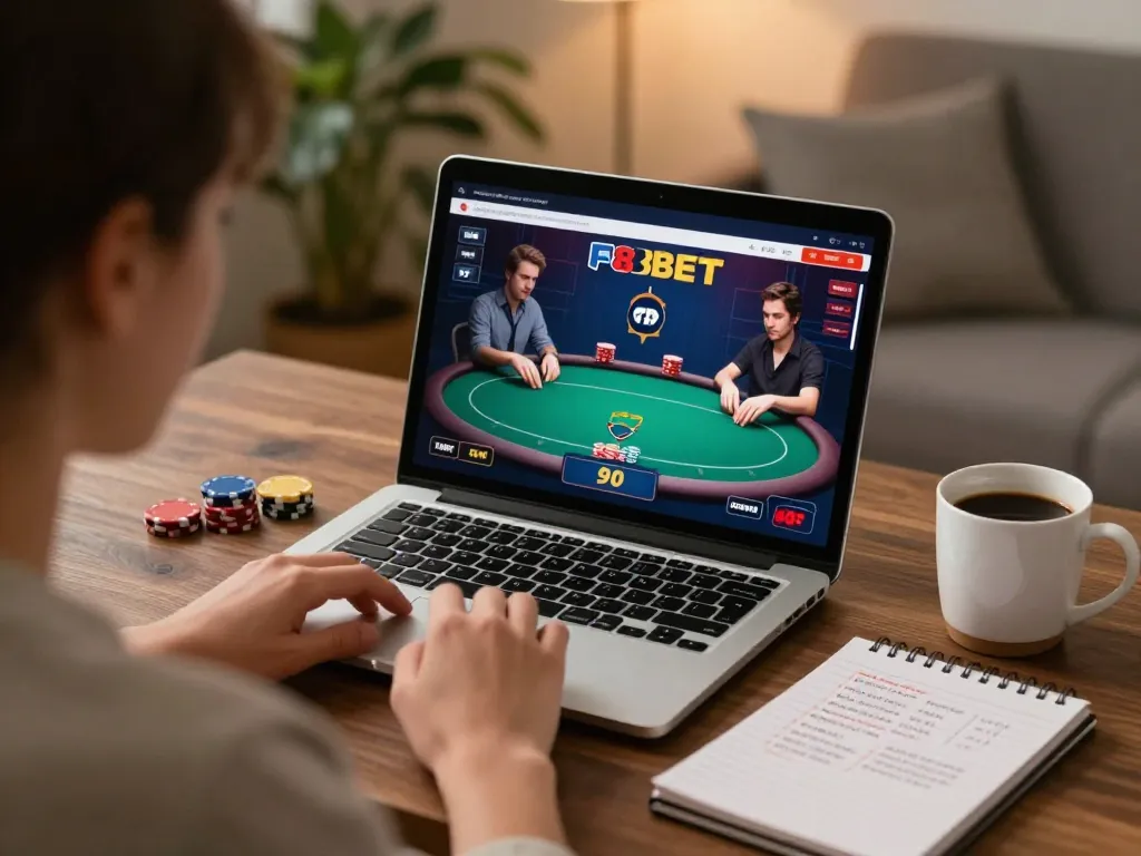 Engaging with F8 BET online poker from a cozy home setup, focusing on strategy and gameplay.
