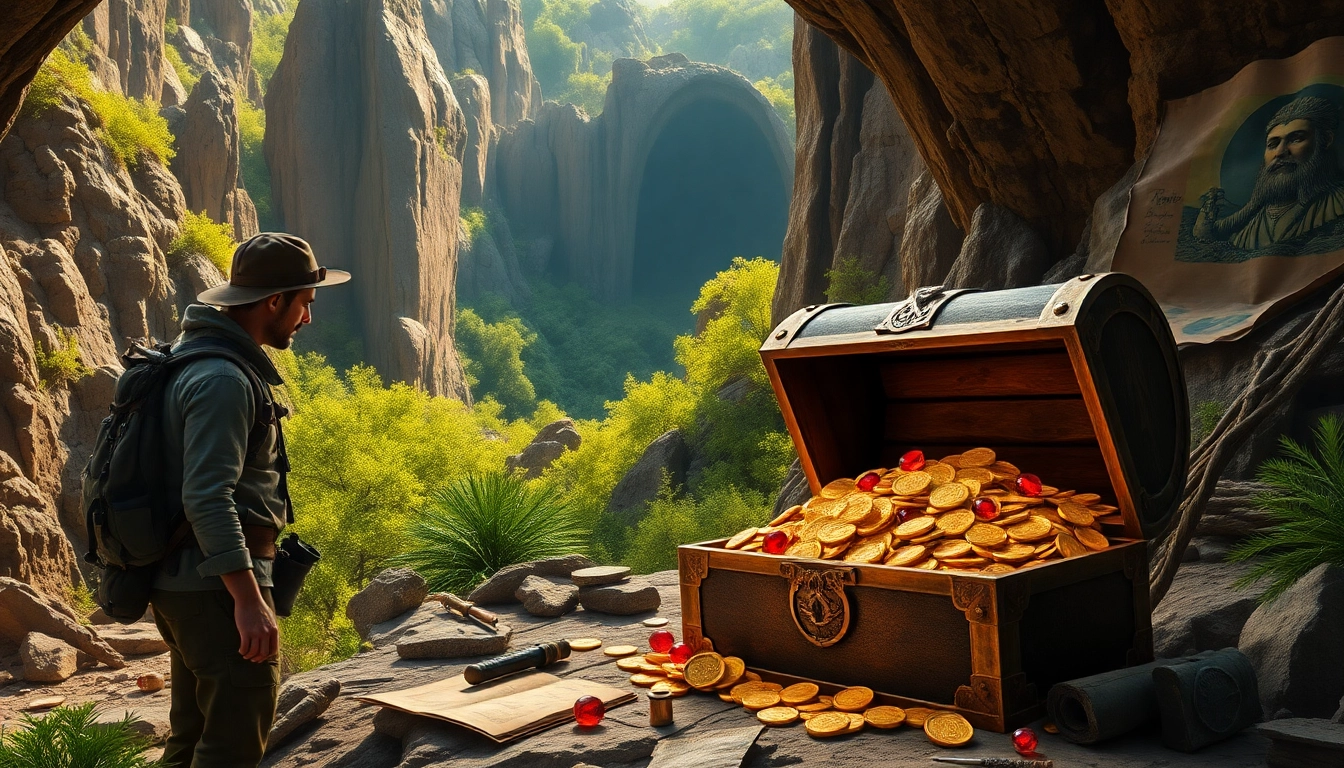 Discovering treasures of King Solomon's Mine in a lush, ancient landscape, showcasing adventure and history.