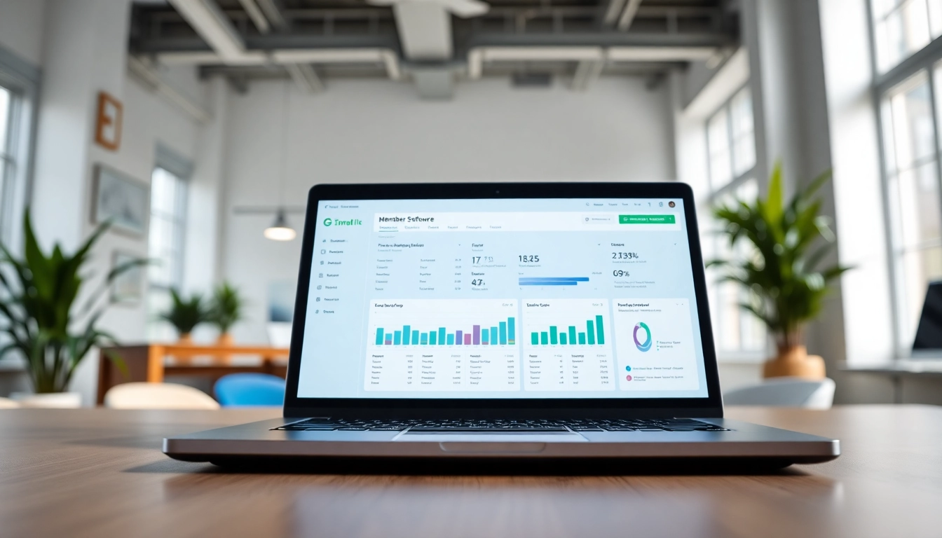 Engaging dashboard displaying membership software features in a professional office.