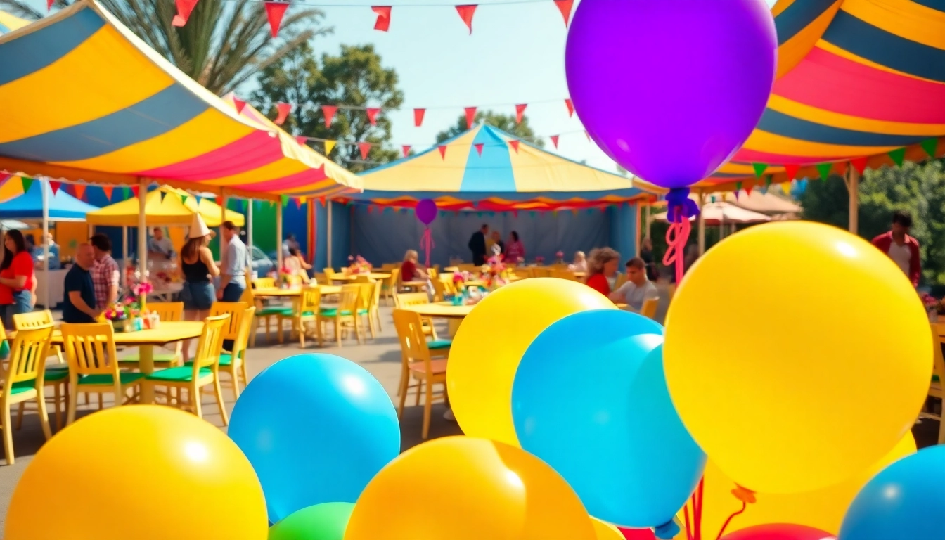 Party Rentals Near Me featuring an outdoor celebration setup with colorful tents and cheerful decorations.