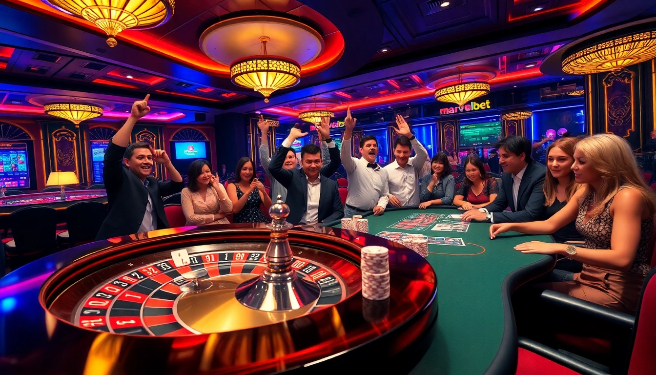 Marvelbet players celebrating wins at a premium casino, with poker chips and a roulette wheel visible.