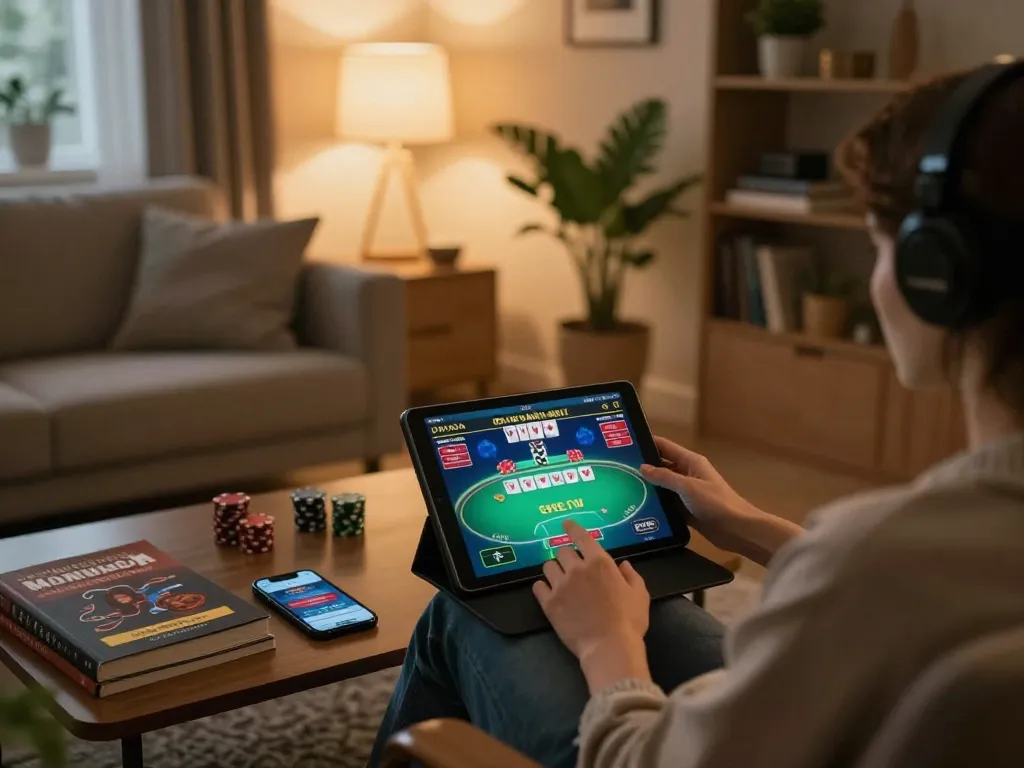 Online gambling experience at https://www.mnm88.com/, enjoying poker on a tablet in a cozy home setting.