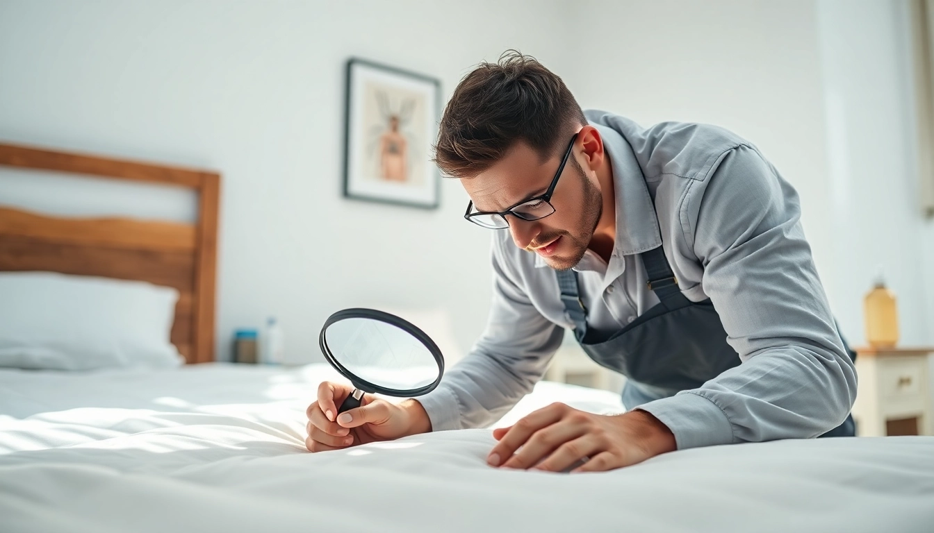 Implement bed bug treatment with a professional examining signs in a well-lit bedroom.