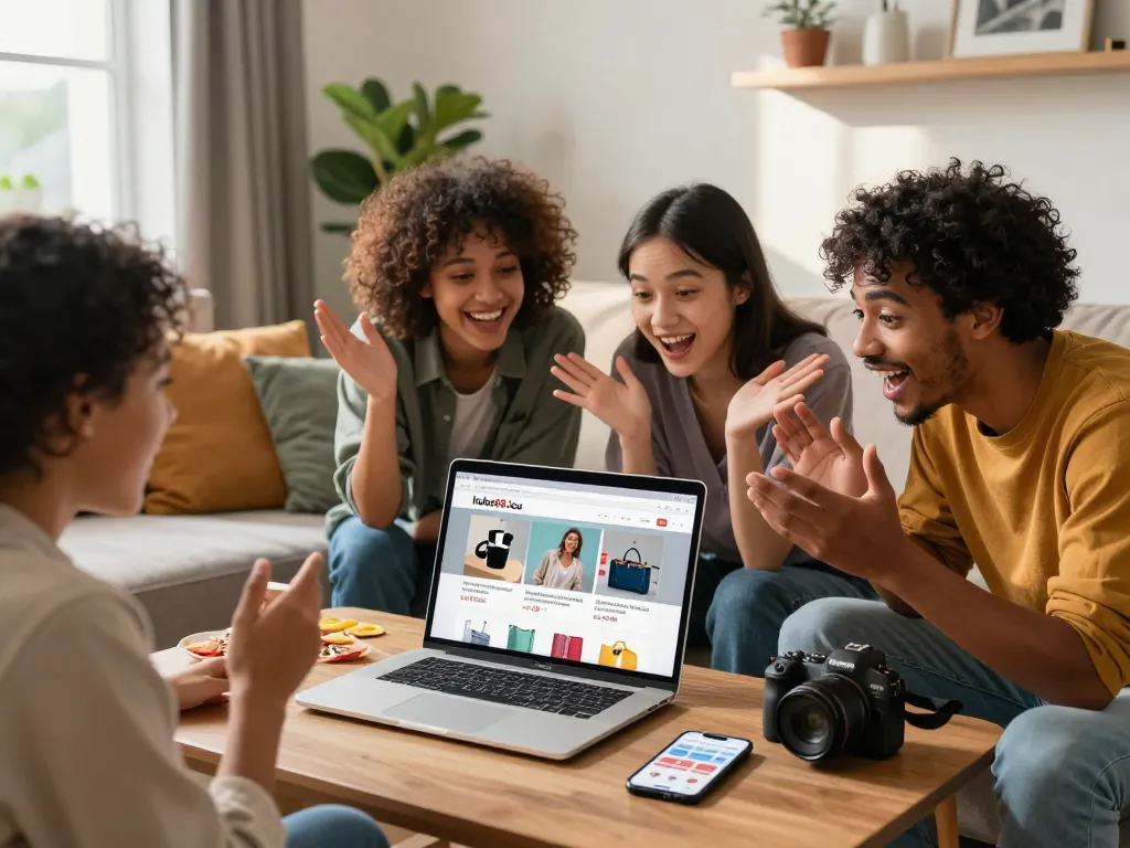 Friends enjoying an online shopping session at https://hubet88.icu/ in a cozy living room.