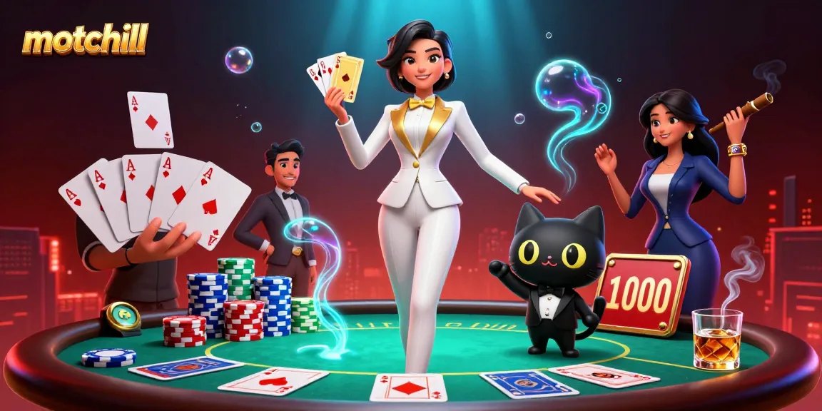 motchill illustrates an engaging poker scene with glamorous characters amidst vibrant gambling elements.
