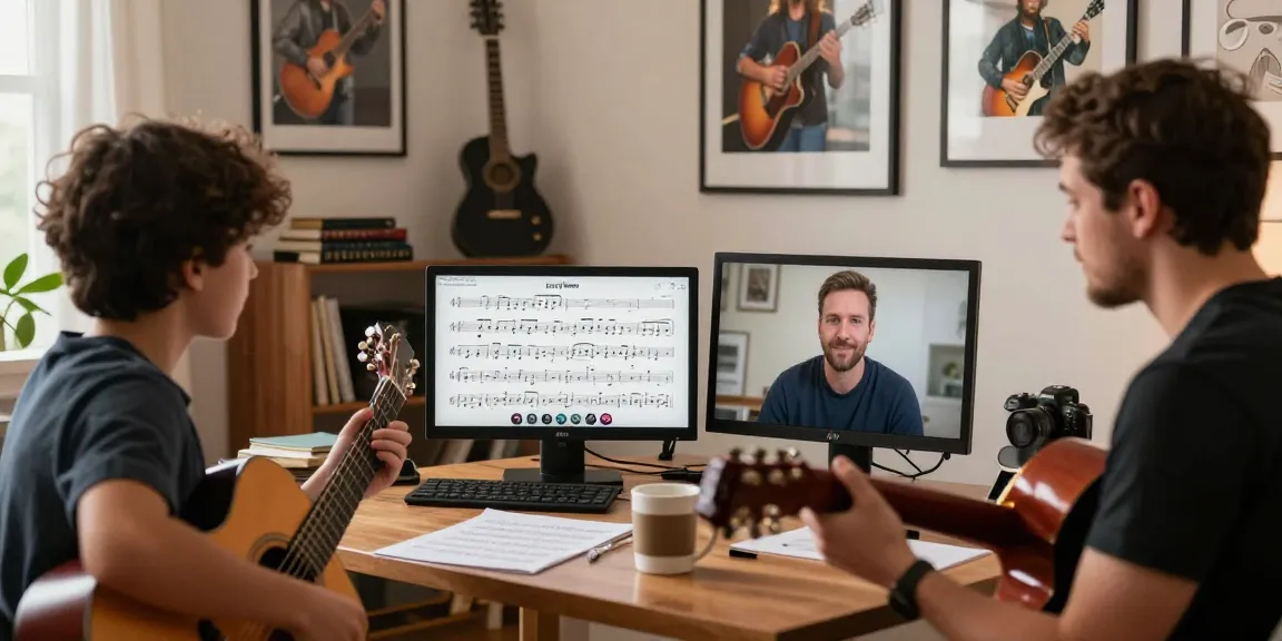 Engaging Guitar Coach Online lesson with personalized instruction in a warm home studio setting.