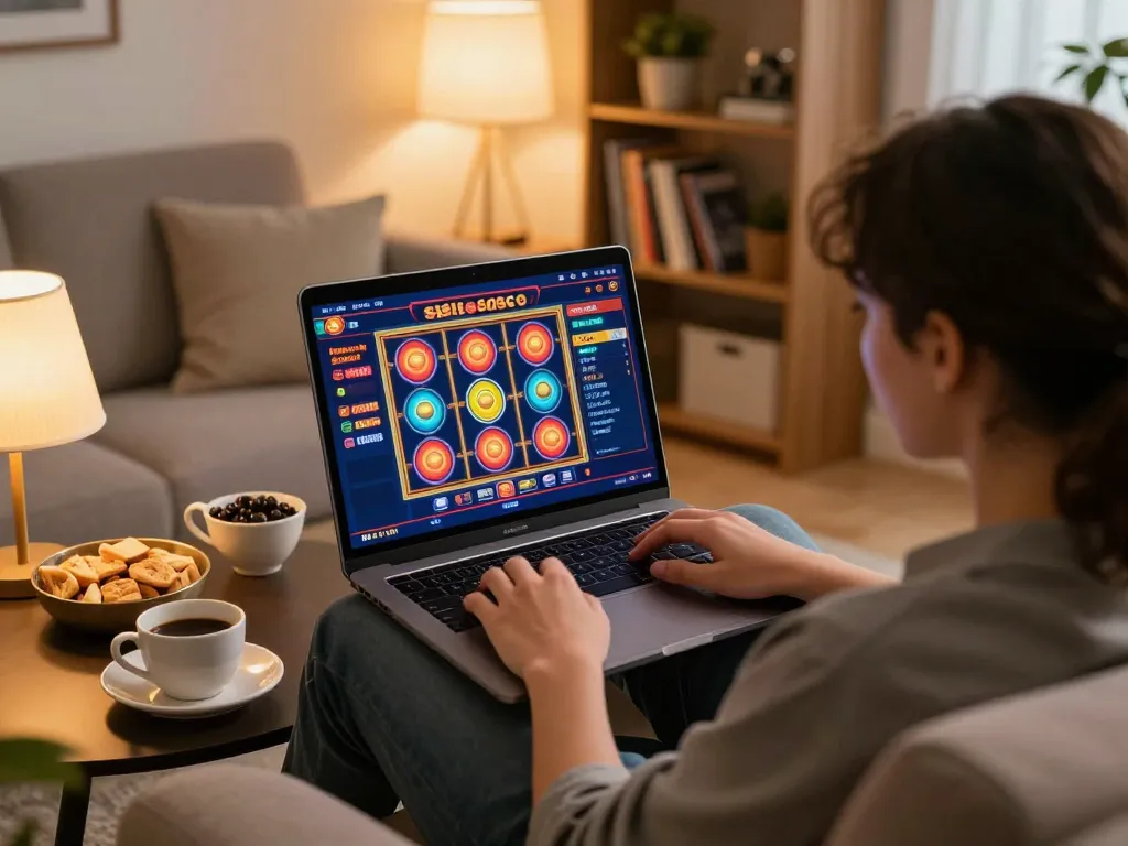 Engaging with situs slot gacor on laptop at cozy home, emphasizing responsible gaming.
