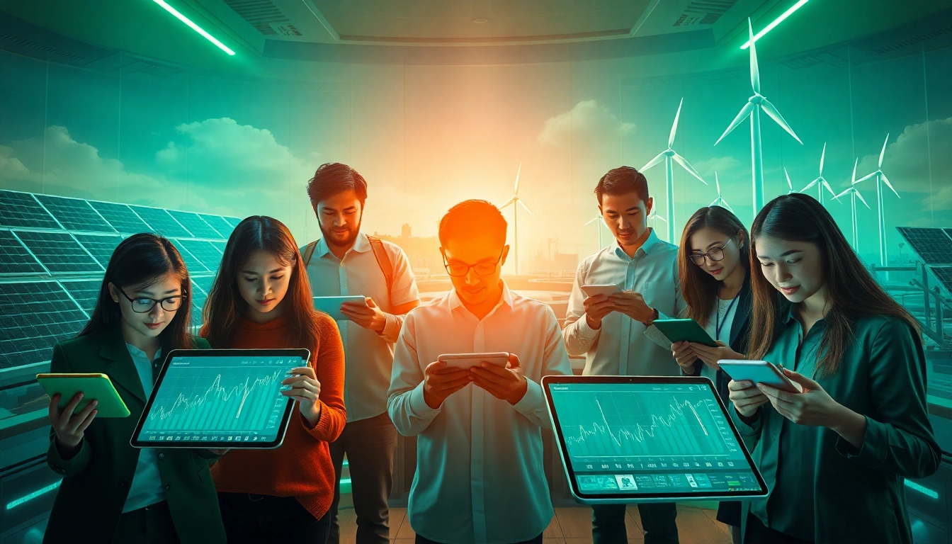 Dynamic scene showcasing diverse users engaging with a crypto mining app, emphasizing eco-friendly technology.