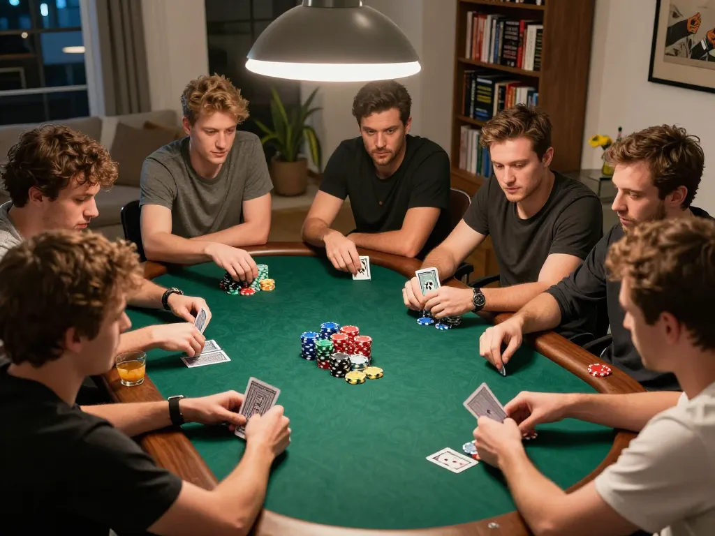 Players engaged in a thrilling poker game at home with BL555 atmosphere, showcasing strategy and friendly competition.