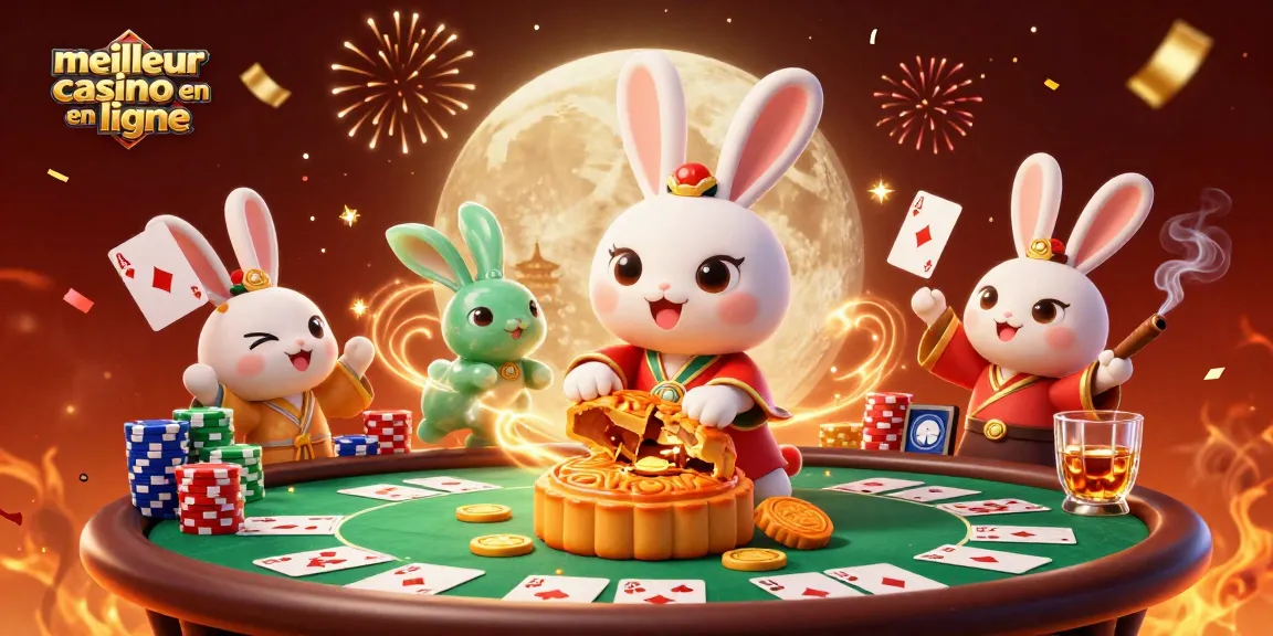 Illustration 3D du meilleur casino en ligne avec un lapin de lune et des jetons de poker.
