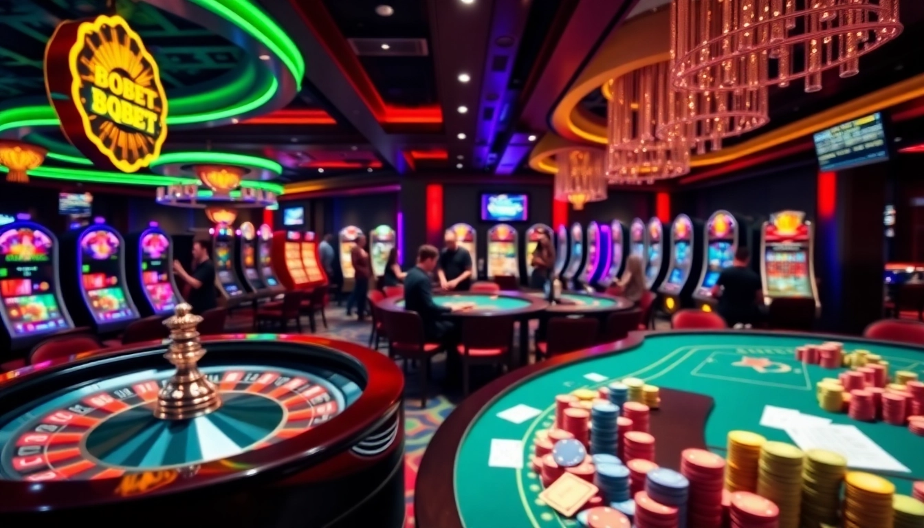 Excited players enjoying gameplay at 8qbet casino with vibrant tables and slot machines.