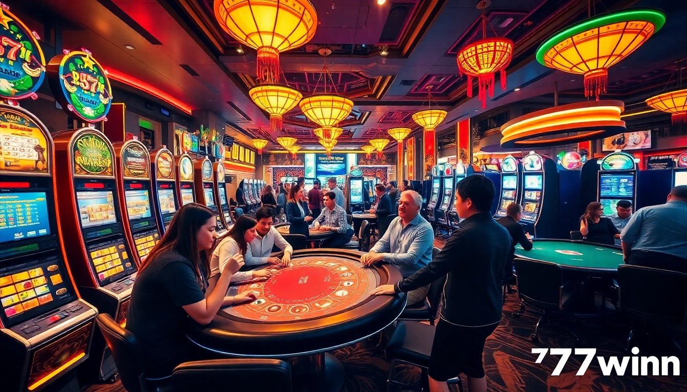 Experience casino excitement at 77win.com with vibrant gaming scenes and engaging players.