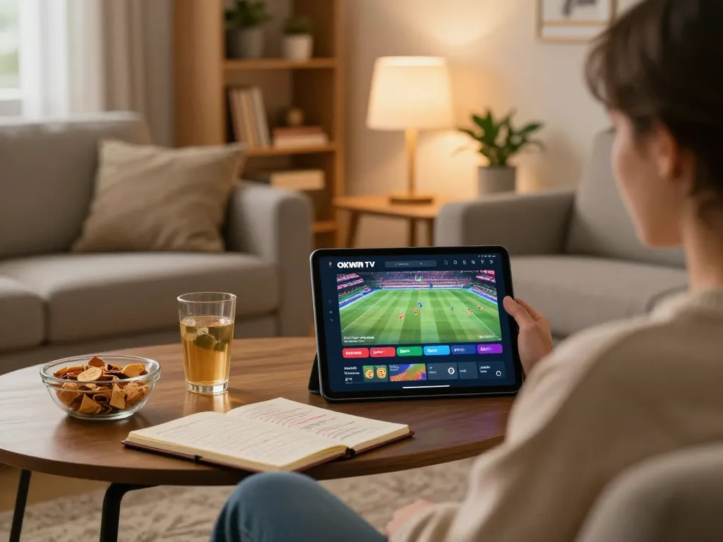 Enjoying OKWIN TV livestream from home tablet while analyzing betting strategies.