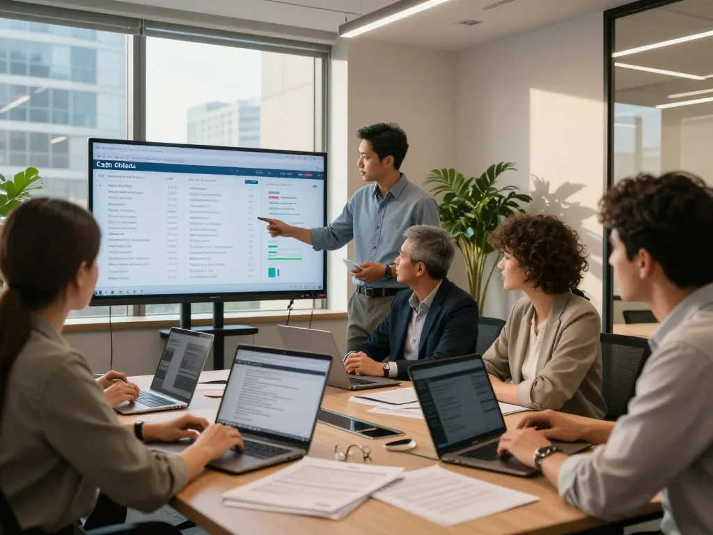 Nationwide investors group analyzing property listings in a modern office setting, showcasing teamwork and strategic decision-making.