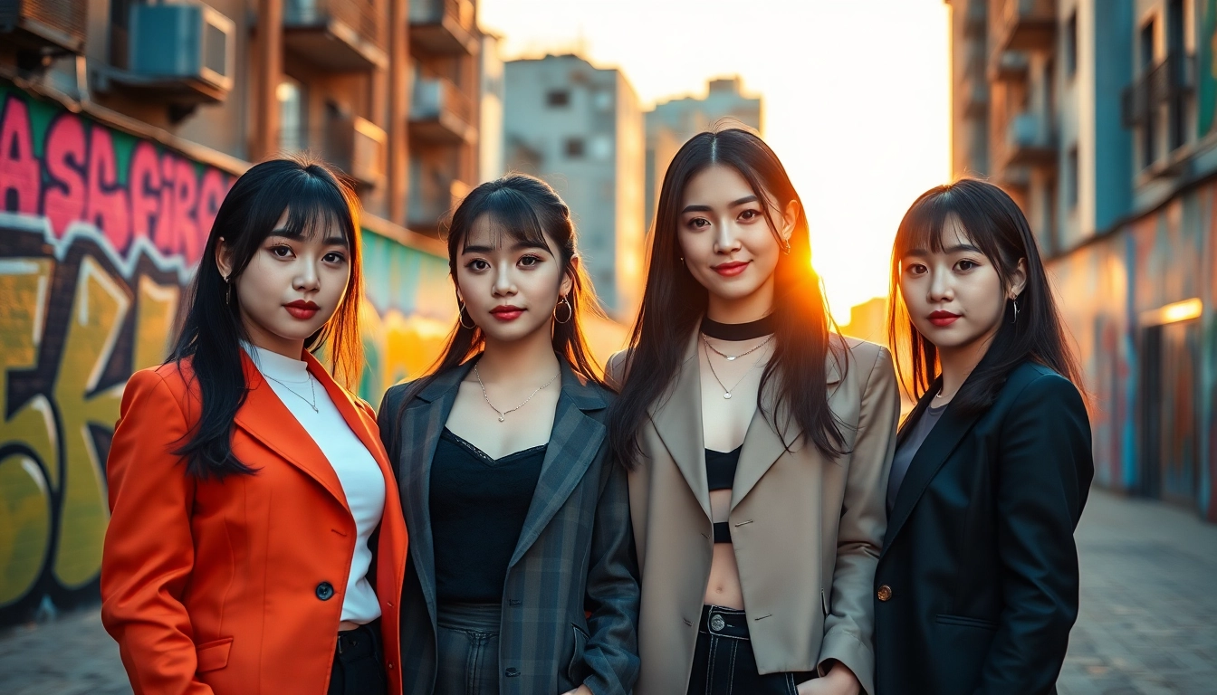 Portrait of blackpink members showcasing their distinct styles and unity against a city backdrop.