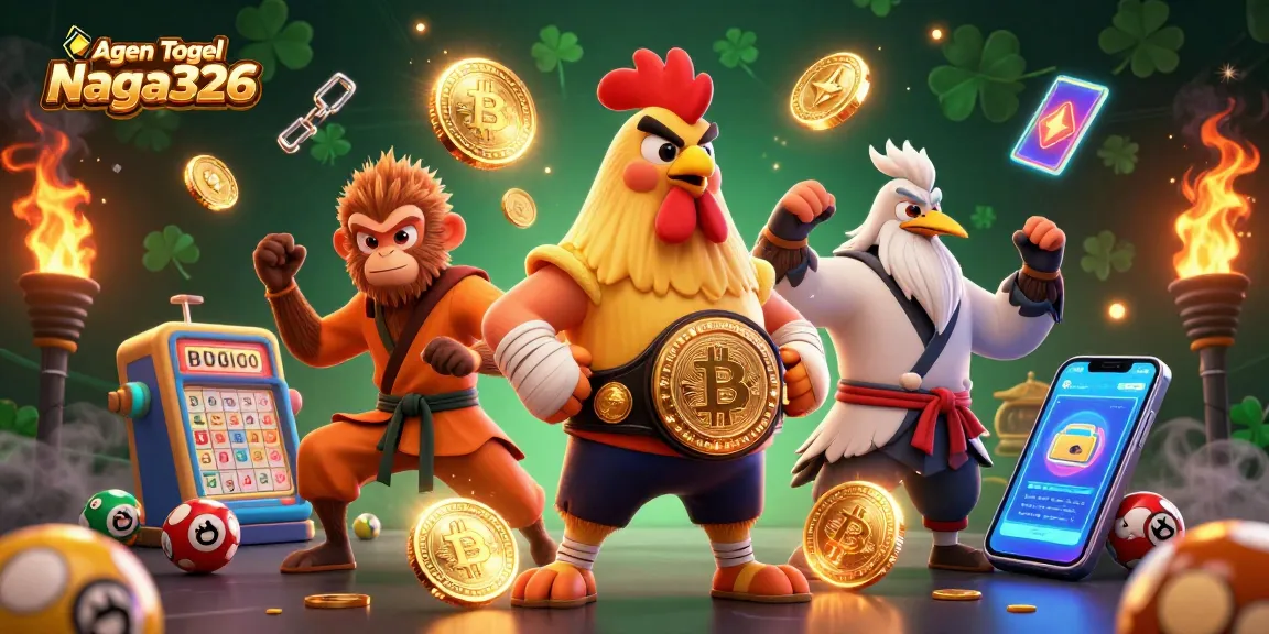 Agen Togel Naga326 features a vibrant 3D scene of animated lottery elements coupled with dynamic characters.