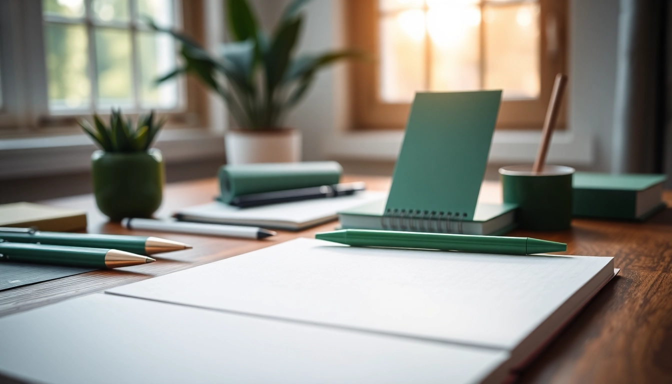 Showcase elegant green stationery with recycled paper and writing instruments.