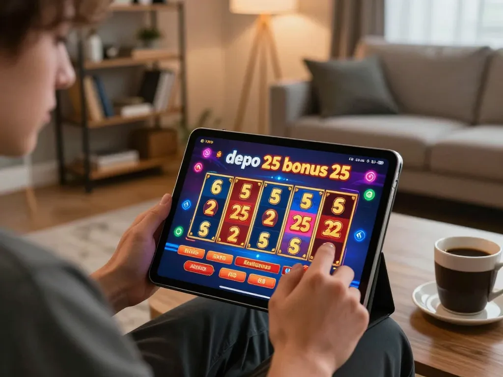 Engaging with depo 25 bonus 25 offer on tablet during online gaming session at home.