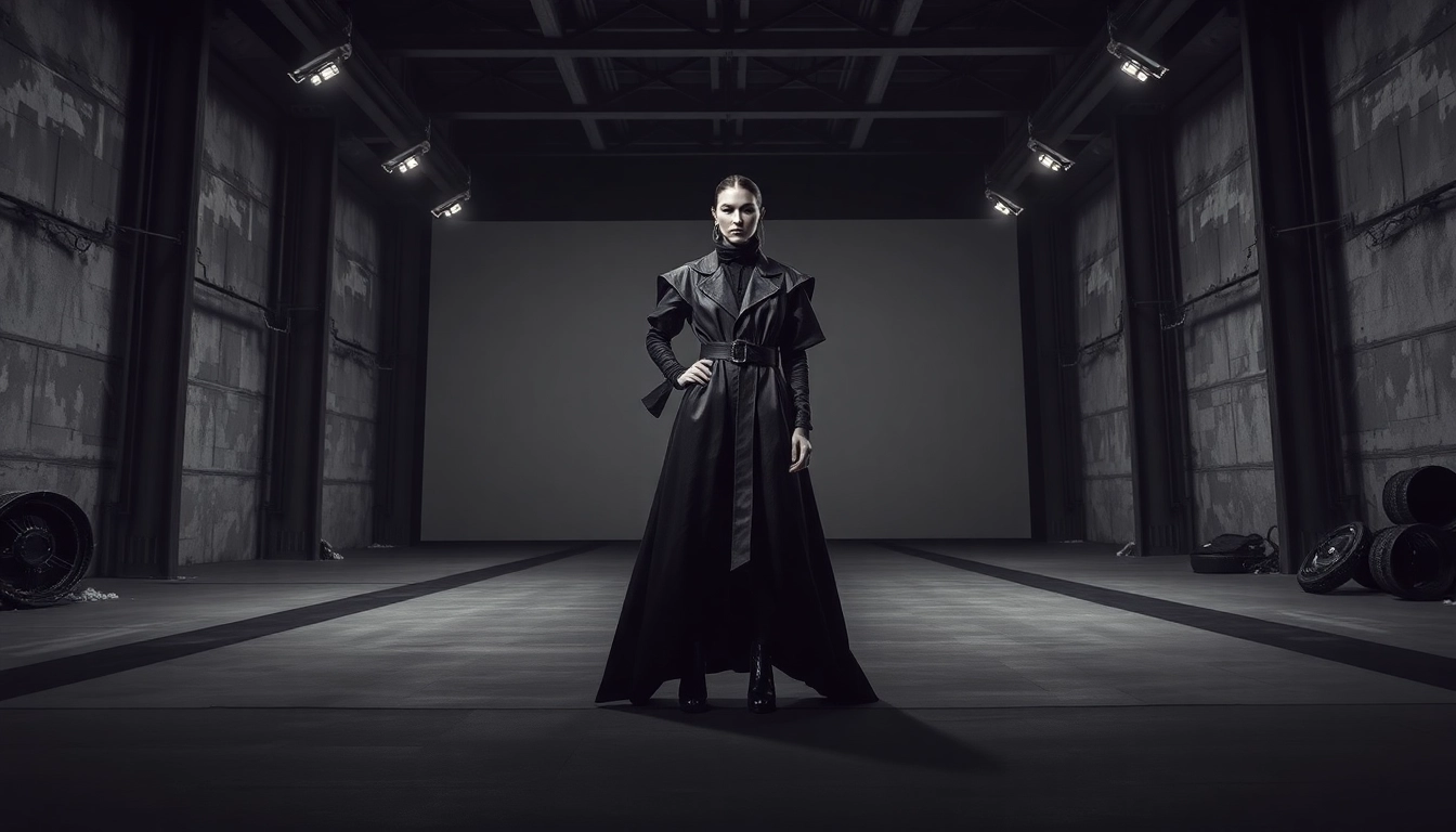 Showcase a fashion model illustrating the rick owens mission statement in a dramatic runway setting.