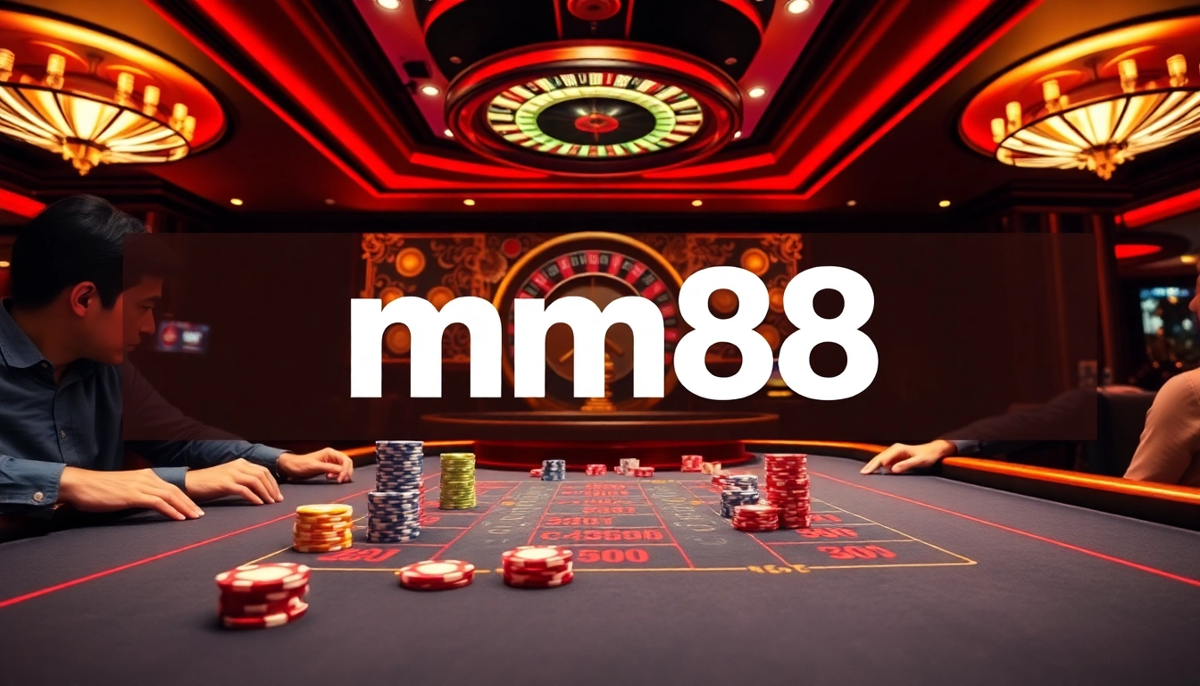 Experience high-stakes poker at mm88 with vibrant chips and cards in an upscale casino.