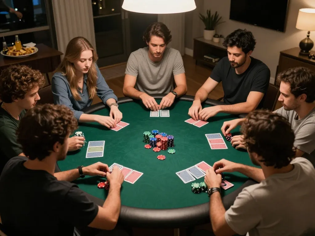 Players strategizing over poker at home game night, highlighting atq com experience with casual yet competitive atmosphere.
