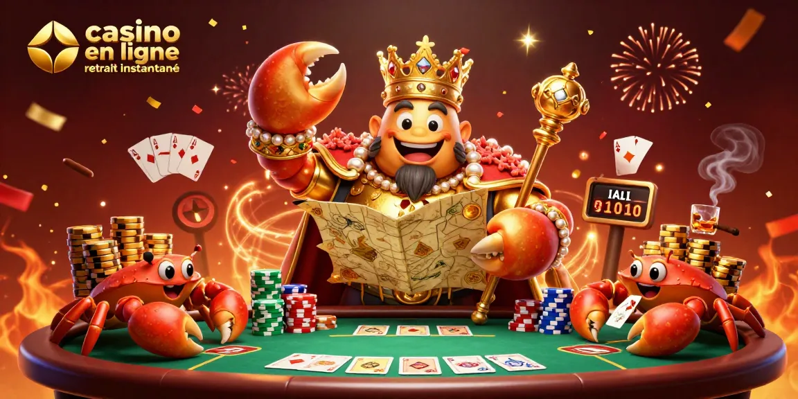 Jeux dans un casino en ligne retrait instantané avec un crabe doré portant une couronne et des serviteurs portant des jetons.