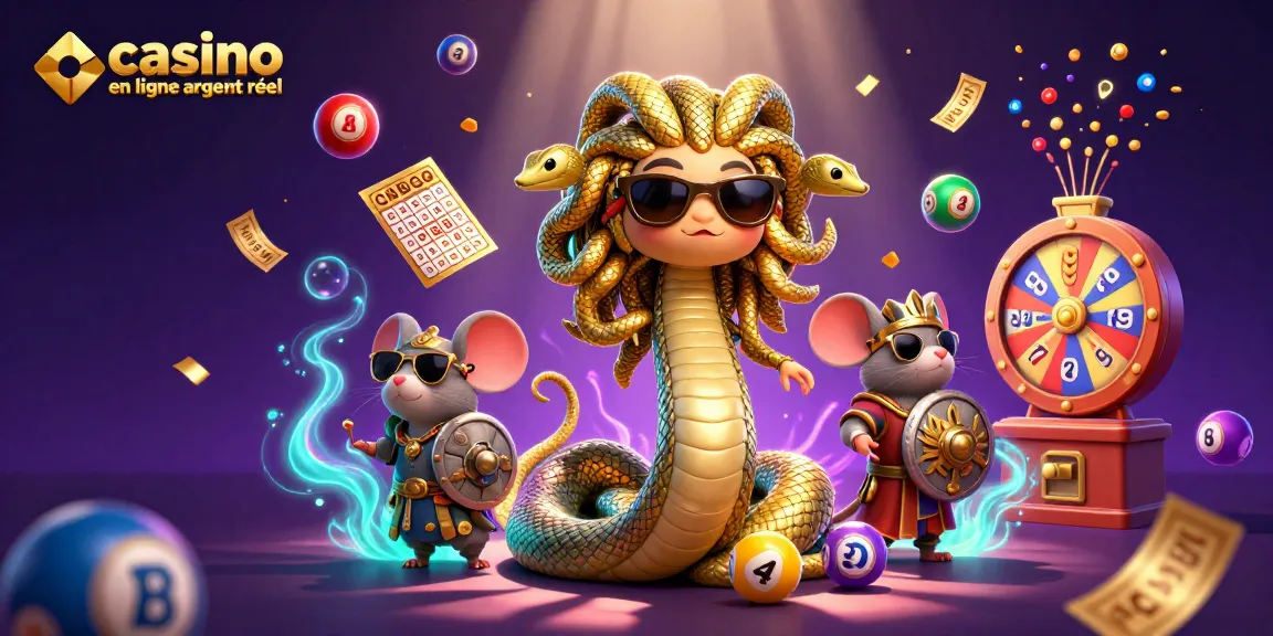 Plongez dans le monde vibrant des jeux avec casino en ligne argent réel, accompagnés de personnages mythologiques et d'éléments de loterie.