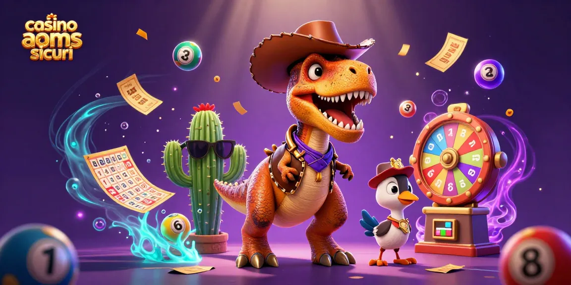 Immagine colorata di un T-Rex cowboy insieme a un cactus e un uccello, con elementi del casinò non AAMS sicuri.
