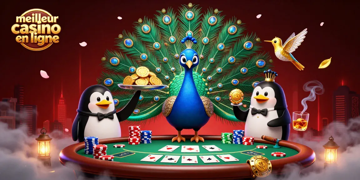 Profitez de l'expérience ultime au meilleur casino en ligne avec un paon aristocratique et des jetons dorés.