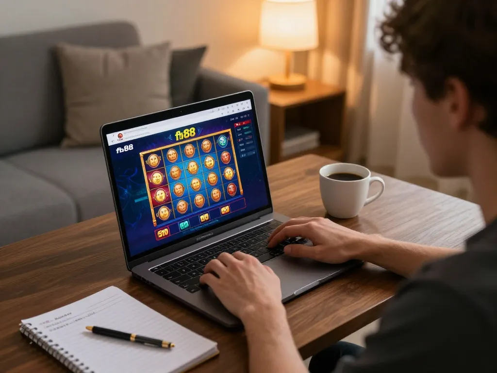 Player engaging in fb88 online casino games on their laptop at home, showcasing strategic gaming environment