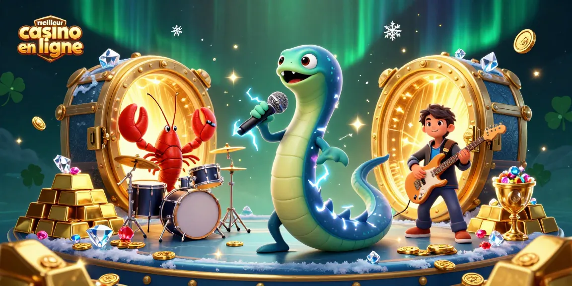 Illustration dynamique du meilleur casino en ligne avec un anguille électrique DJ et ses musiciens marins.