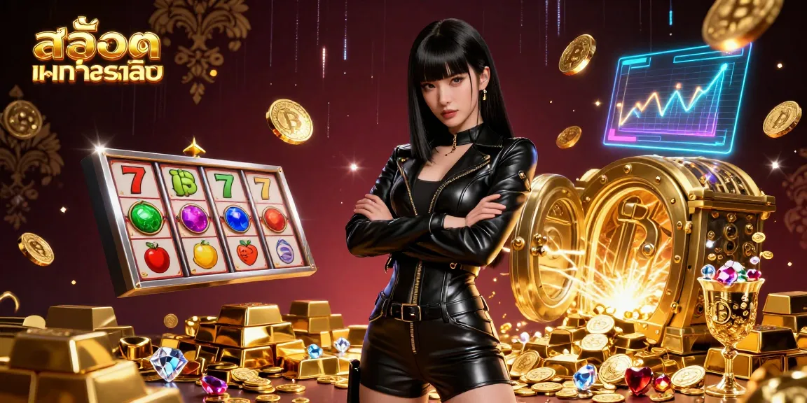 Try your luck with สล็อตทดลองเล่น at vibrant virtual slots featuring gold coins and neon lights.