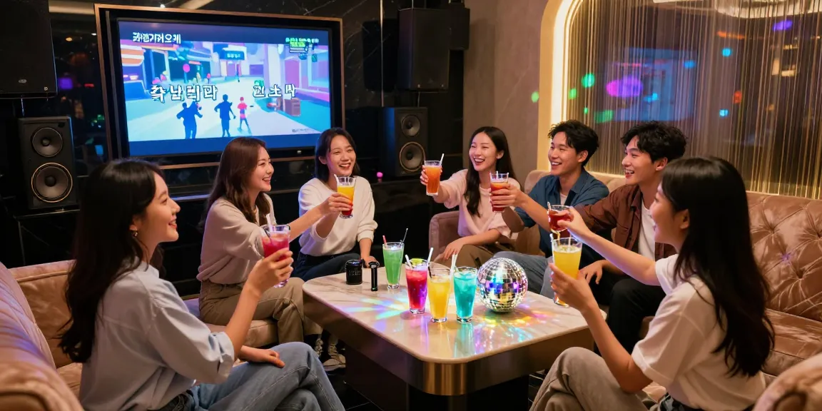 강남가라오케에서 친구들과 즐거운 시간을 보내는 모습, 고급스러운 인테리어와 조명으로 아늑한 분위기 연출.