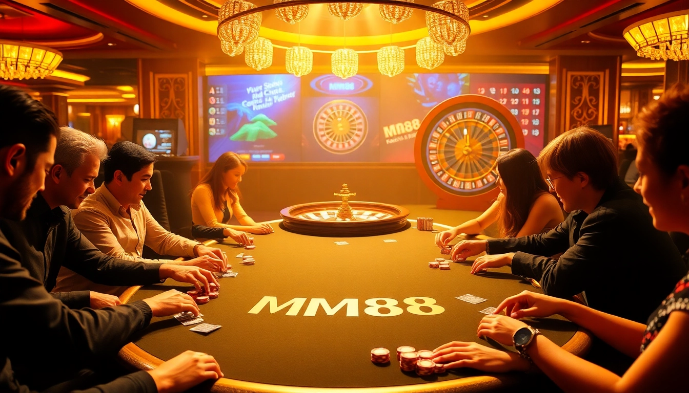 MM88 poker players engaging at a luxurious table with vibrant chips and cards.