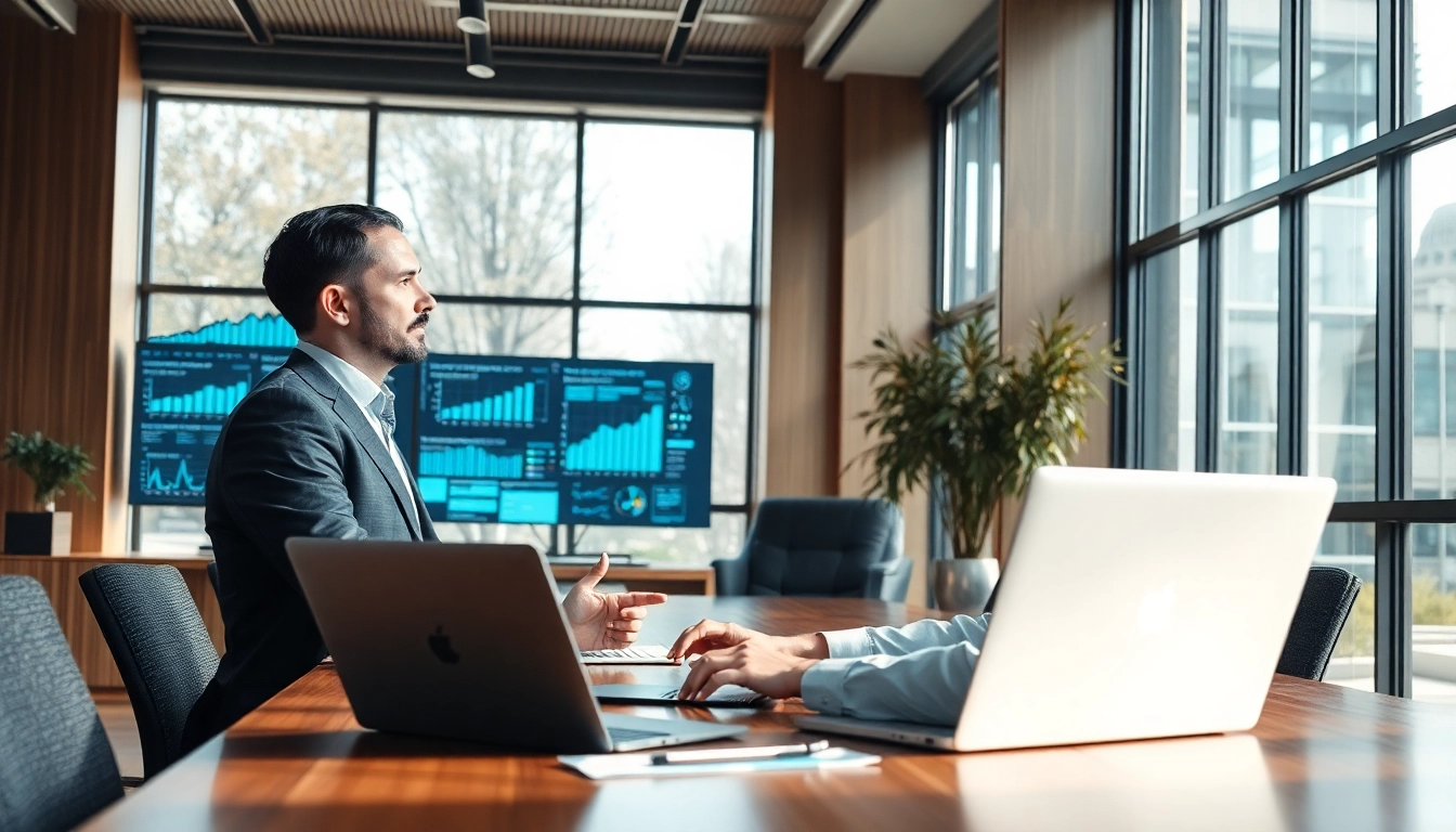 Showcasing AI consulting company in UK collaborating with experts in a modern office.