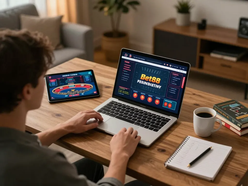 Engaging in online gaming at home with the Nhà cái Bet88 app on a laptop, reflecting responsible gambling.
