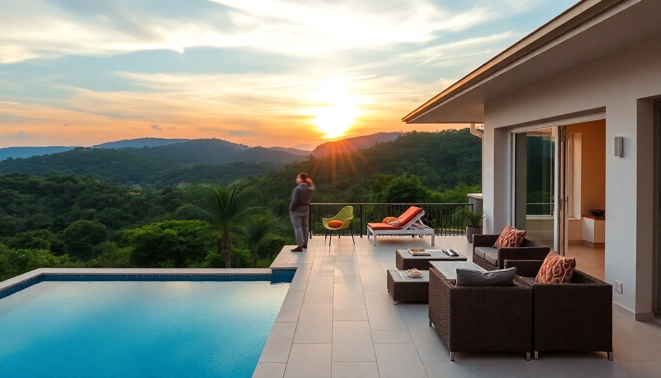 Villa property management showcasing a modern Phuket villa with a stunning sunset and inviting pool area.